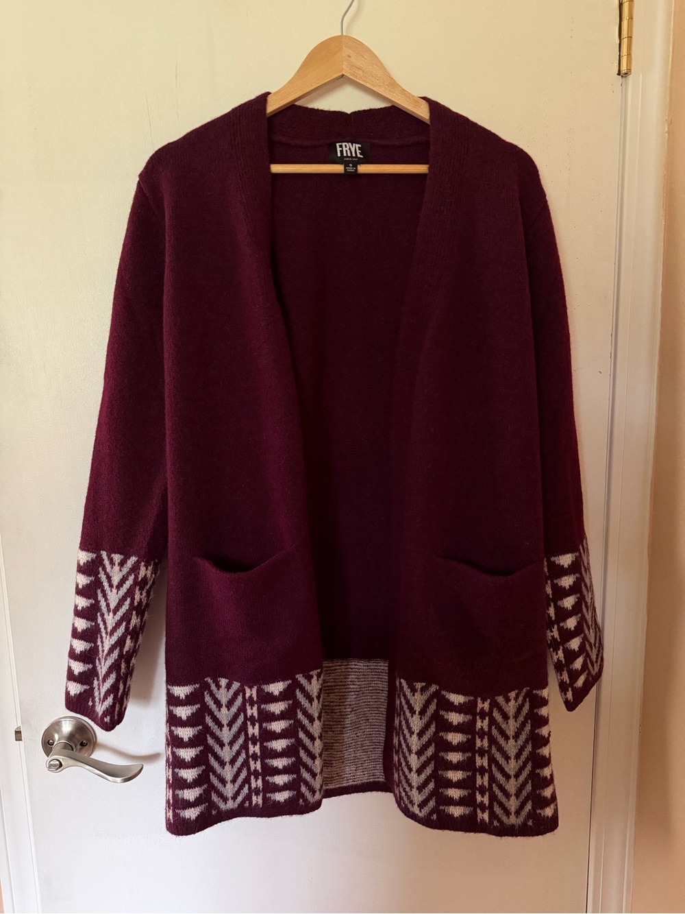 FRYE Women's Open-Front Burgundy Patterned Cardigan Sweater